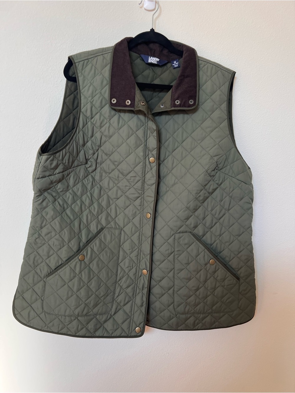 Lands' End Quilted Olive Green Vest with Brown Corduroy Trim